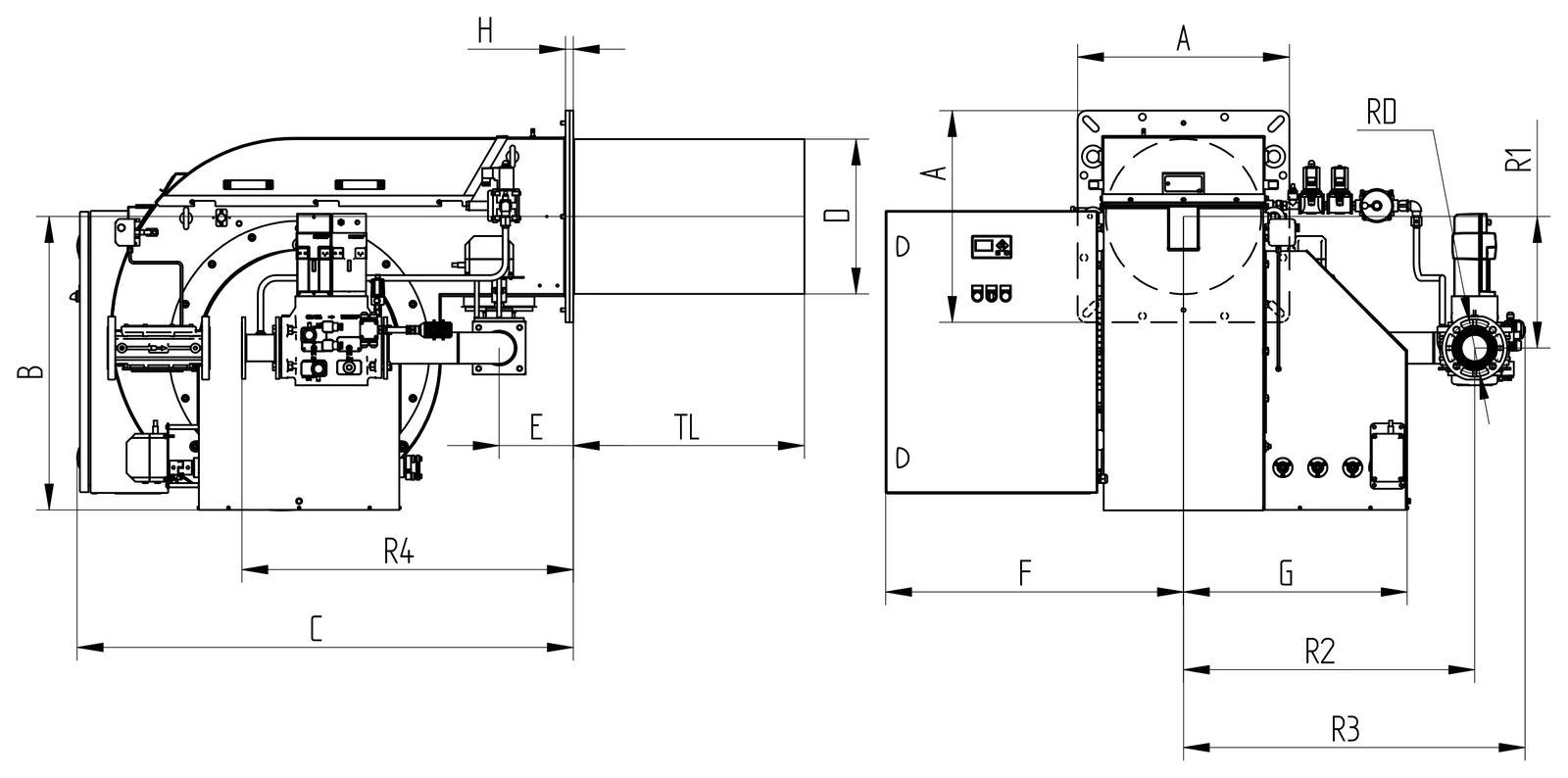 Габаритный чертёж FBR Серия GAS P 750/M – P 1800/M EL